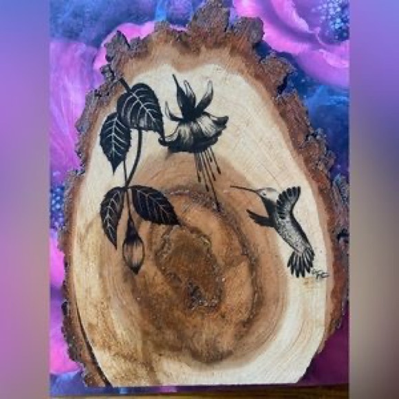 Other - Hand-Painted Hummingbird & Flower Wood Art - Natural Wood Tones